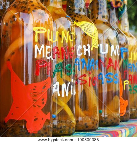 Assortment Of Rhum Bottles At The Market, Squared Format