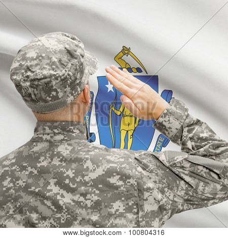 Soldier Saluting To Us State Flag Series - Massachusetts