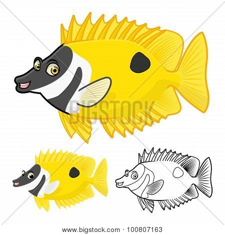 High Quality Rabbitfish Cartoon Character Include Flat Design and Line Art Version