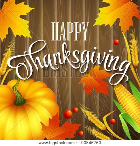 Hand drawn thanksgiving greeting card with leaves, pumpkin and spica on wood background. Vector illu