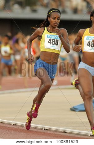 BARCELONA - JULY, 8: Ethiopian athlete Genzebe Dibaba during 1500 meters of the Athletics International Meeting of Catalan Federation at the Serrahima Stadium on July 8 2015 in Barcelona, Spain