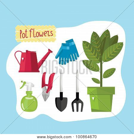 Pot Flowers, Home plants. Houseplant icon set. Pot Flowers icon, pot flowers vector illustration. Set of home plants. Cactus, flowers, gardening tools. Different Pot Flowers.