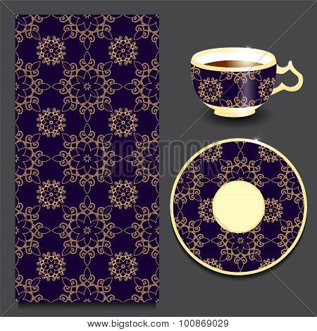 Vector Seamless Floral Orient Or Armenia Pattern With Cup And Plate. Stock