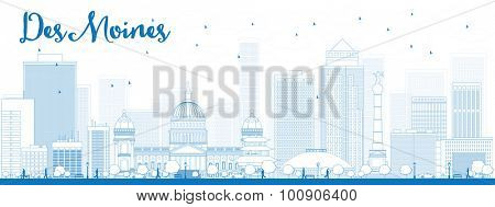Outline Des Moines Skyline with Blue Buildings