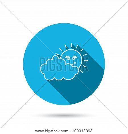 Cloudy day with sun icon. Overcast weather sign.
