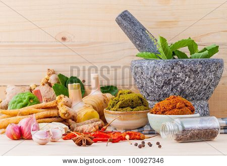Assortment Of Thai Food Cooking Ingredients And Paste Of Thai Popular Food Red Curry And Green Curry