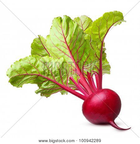 Beetroot with leaves, fresh whole beet isolated on white background