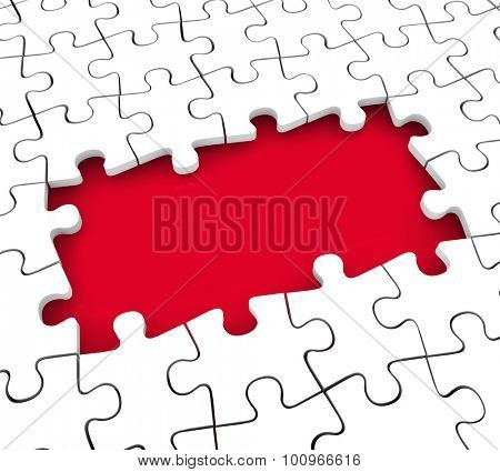 Puzzle pieces hole background with copy space for your text or message to illustrate unsolved or unfinished work, project, task, job or challenge