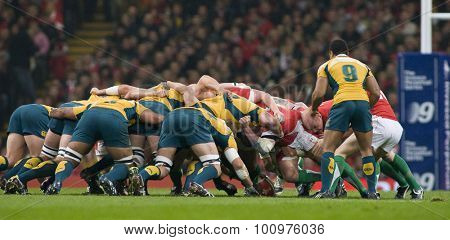 CARDIFF, WALES. 28 NOVEMBER 2009.  A scrum during the Invesco Perpetual International Rugby Union match between Wales and Australia at the Millennium Stadium. 