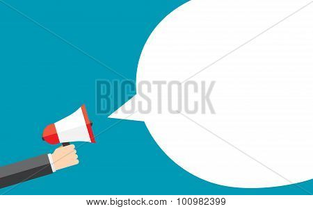 Hand holding megaphone with bubble speech