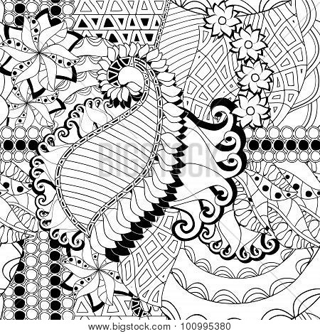 Stock Vector Seamless Abstract Monochrome Doodle Flower And Wave Pattern
