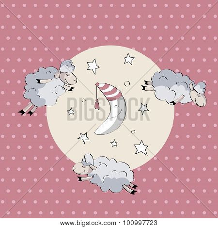 Sleeping Cute Sheep With Moon