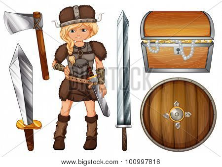 Female viking with weapons and chest illustration