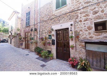 Beautiful Street In Valldemossa, Famous Old Mediterranean Village Of Majorca Spain.