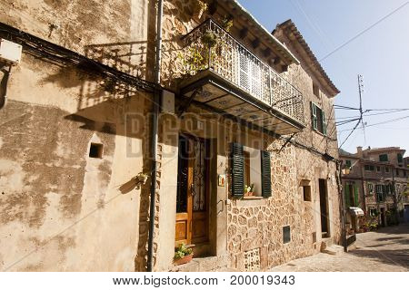 Beautiful Street In Valldemossa, Famous Old Mediterranean Village Of Majorca Spain.
