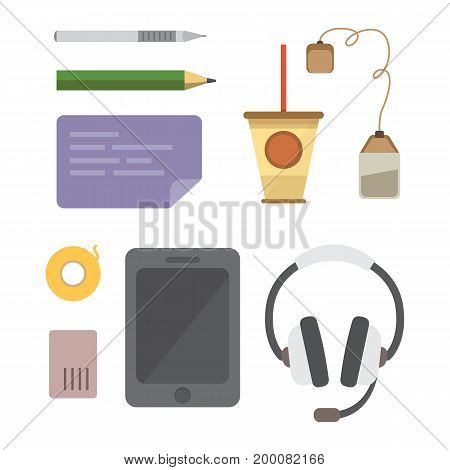 Workplace with mobile devices and documents. Office personal and Business Icons vector set. work table with gadget laptop flat illustration iolated