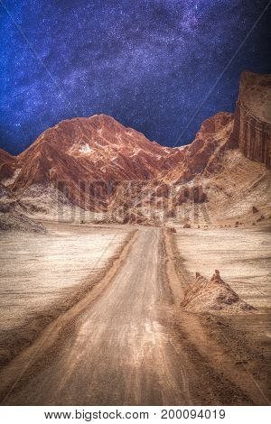 Lunar Valley in the Atacama Desert Chile. Astrophotography. Night sky with stars.