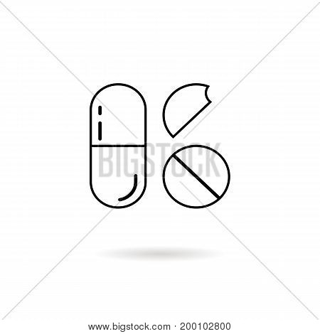 thin line pills with shadow. concept of bolus, pellet, pack, med science, broken pastille, first aid, chemistry. isolated on white background. linear style trend modern logo design vector illustration
