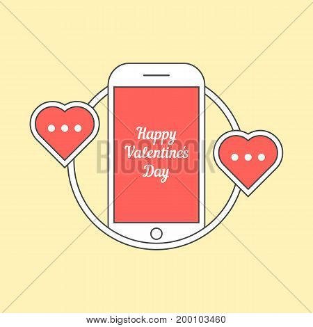 phone with hearts like messaging. concept of penpal, rendezvous, gadget, device, affair, flirt, connect, call. isolated on yellow background. flat style trend logo design vector illustration