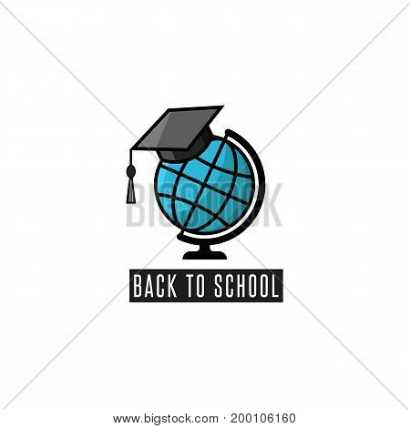 Back to school logo globe and mortarboard training courses emblem or education poster mockup flat knowledge icon