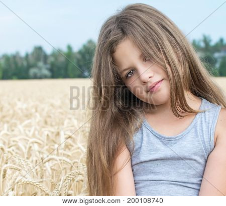 Portrait of adorable little girl with beautiful long hair in the wheat field on a warm summer day