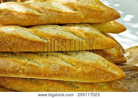 Bunch of freshly baked rustic French baguettes with golden crust stacked on garden table outdoor picnic preparation. Summer sunlight flecks lifestyle