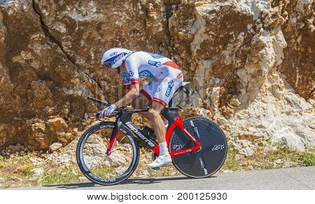 Col du Serre de TourreFrance - July 152016: The French cyclist Anthony Roux of FDJ Team riding during an individual time trial stage in Ardeche Gorges on Col du Serre de Tourre during Tour de France 2016.