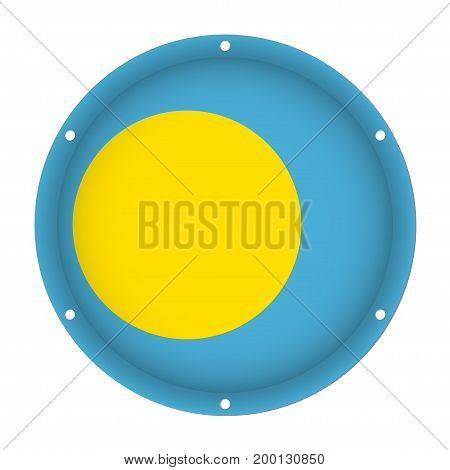 round metallic flag of Palau with six screw holes in front of a white background