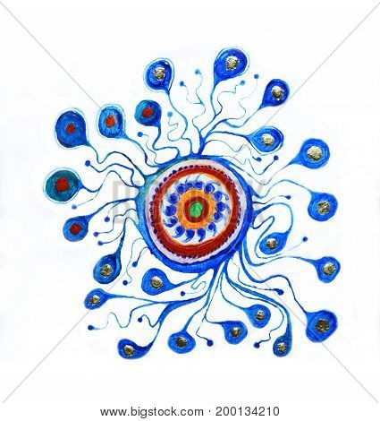 Painted Mandala On A White Background. Handmade. Eastern, Indian. Gold, Blue, Orange.