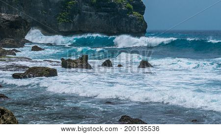 Ocean Waves on Tembeling Coastline at Nusa Penida island, Bali -Indonesia