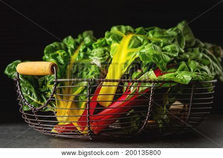 Rainbow Chard, Colorful Eating And Healthy Diets. Dark Backgroun