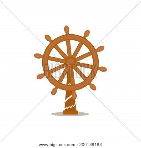 Ship, sailboat steering wheel, cartoon vector illustration isolated on white background. Cartoon, comic style vector illustration of traditional wooden ship, sailboat steering wheel on stand