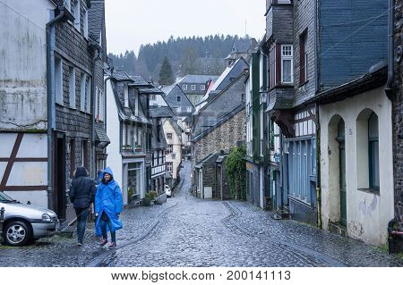 MONSCHAU GERMANY - FEBRUARY 20 2016: Half-timbered houses of Monschau a small resort town in the Eifel region of western Germany