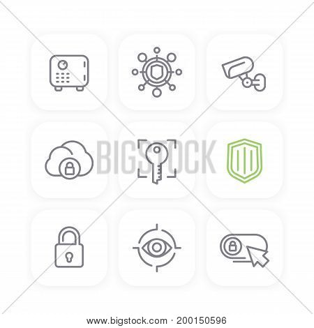 Security line icons set, secure cloud, key, lock, shield, strongbox, video surveillance, online security, safety