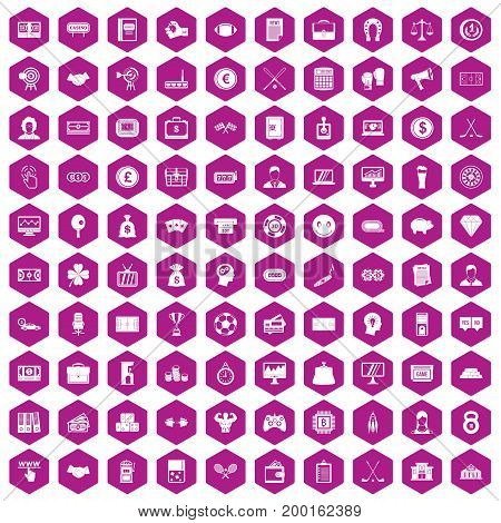 100 sweepstakes icons set in violet hexagon isolated vector illustration