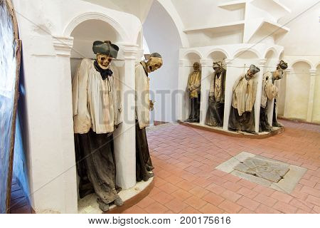 GANGI ITALY - July 03 2016: The crypt of the mother church where all priests are buried mummified.