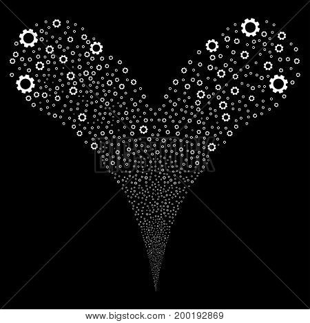 Gear explosive stream. Vector illustration style is flat white iconic gear symbols on a black background. Object fountain organized from random symbols.