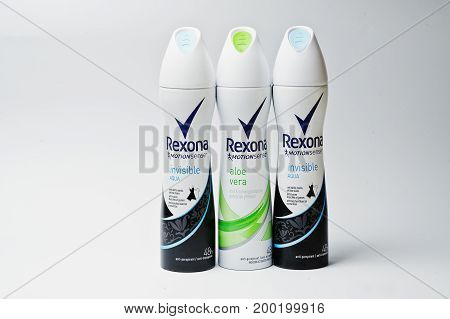 Hai, Ukraine - August 10, 2017: Close-up Photo Of Deodorant Rexona On The White Background.