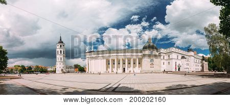Vilnius, Lithuania - July 5, 2016: Panorama Of Bell Tower Chapel And Cathedral Basilica Of St. Stanislaus And St. Vladislav On Cathedral Square, Famous Landmark In Sunny Summer Day
