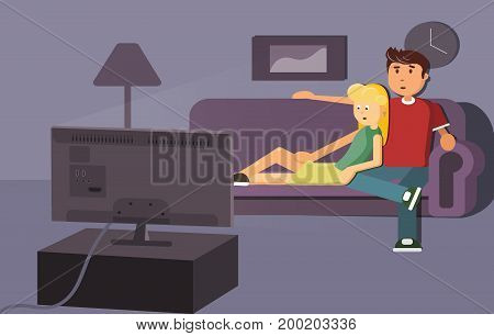 Young family man and women watching TV program together in the living room. Sofa, clock, picture and lamp on the purple background. Vector illustration