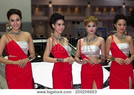 Bangkok Thailand - March 28 2014: Unidentified female presenters in Bangkok Motor Show 2014
