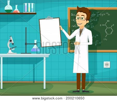 Man in white lab coat standing with clipboard in hand. Chemical laboratory. Stock vector cartoon illustration.