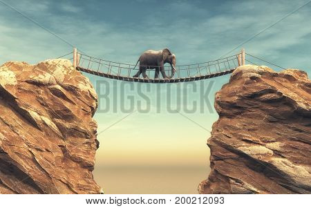 An elephant goes on a wooden bridge between two rocks. This is a 3d render illustration