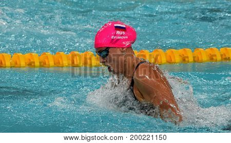 Hong Kong China - Oct 30 2016. Olympian and world champion swimmer Yulia YEFIMOVA (RUS) swimming in the Women's Breaststroke 50m Final. FINA Swimming World Cup Victoria Park Swimming Pool.