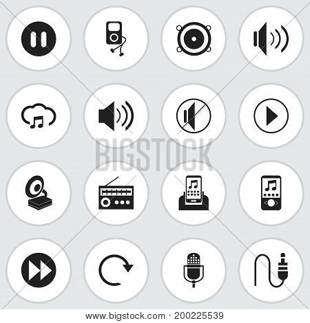 Set Of 16 Editable Music Icons. Includes Symbols Such As Silent, Sky Note, Refresh And More