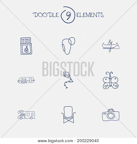 Set Of 9 Editable Trip Doodles. Includes Symbols Such As Boat, Flying Toy, Carabine And More