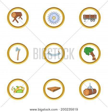 Sawmill icon set. Cartoon style set of 9 sawmill vector icons for web isolated on white background