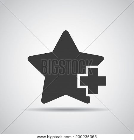 Star with plus icon with shadow on a gray background. Vector illustration