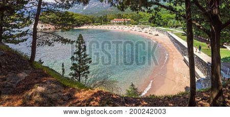 PRZNO BUDVA RIVIERA AREA MONTENEGRO AUGUST 2 2014: Panoramic view from forest of the elite beach in small lagoon near Przno