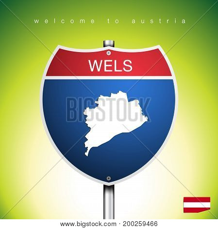 An Sign Road America Style with state of Austria with green background and message WELS and map vector art image illustration